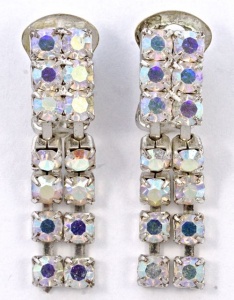 Silver Tone White Aurora Borealis Drop Clip On Earrings circa 1960s